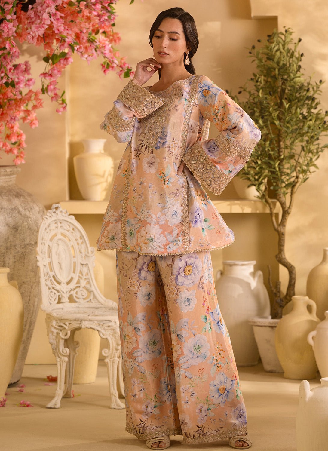 Soft Peach Multicolor Floral Embroidered Set - Lashkaraa