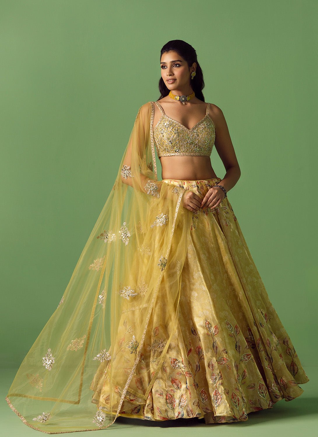 Soft Yellow Floral Printed Organza Lehenga - Lashkaraa