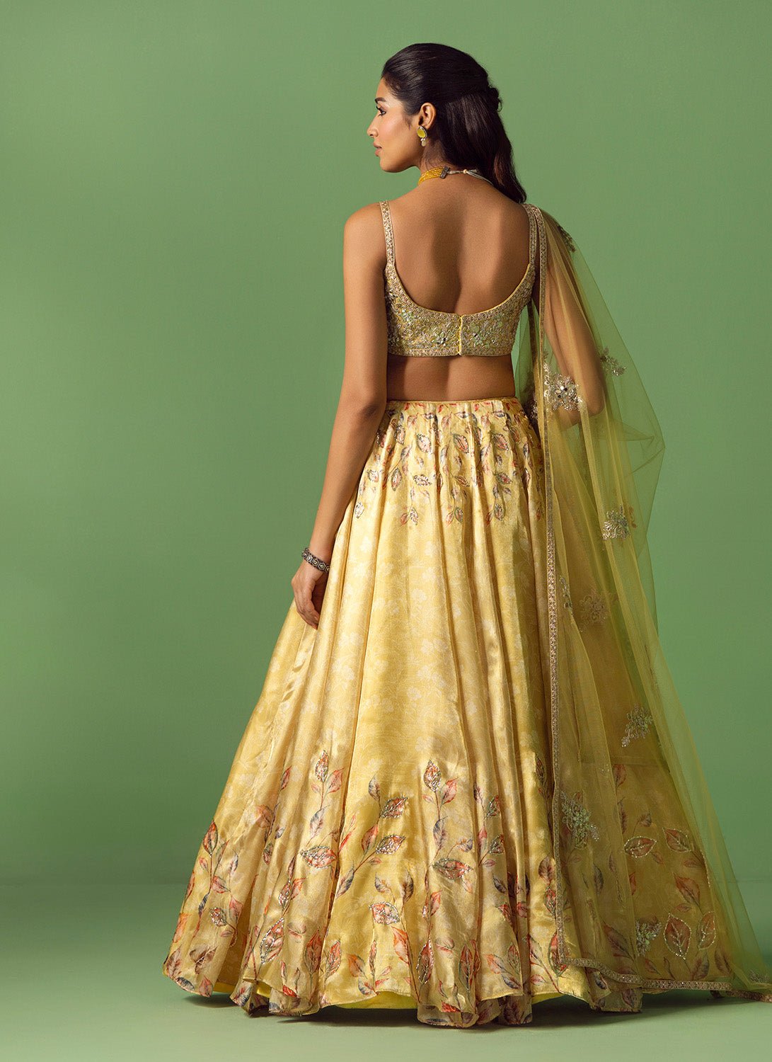 Soft Yellow Floral Printed Organza Lehenga - Lashkaraa