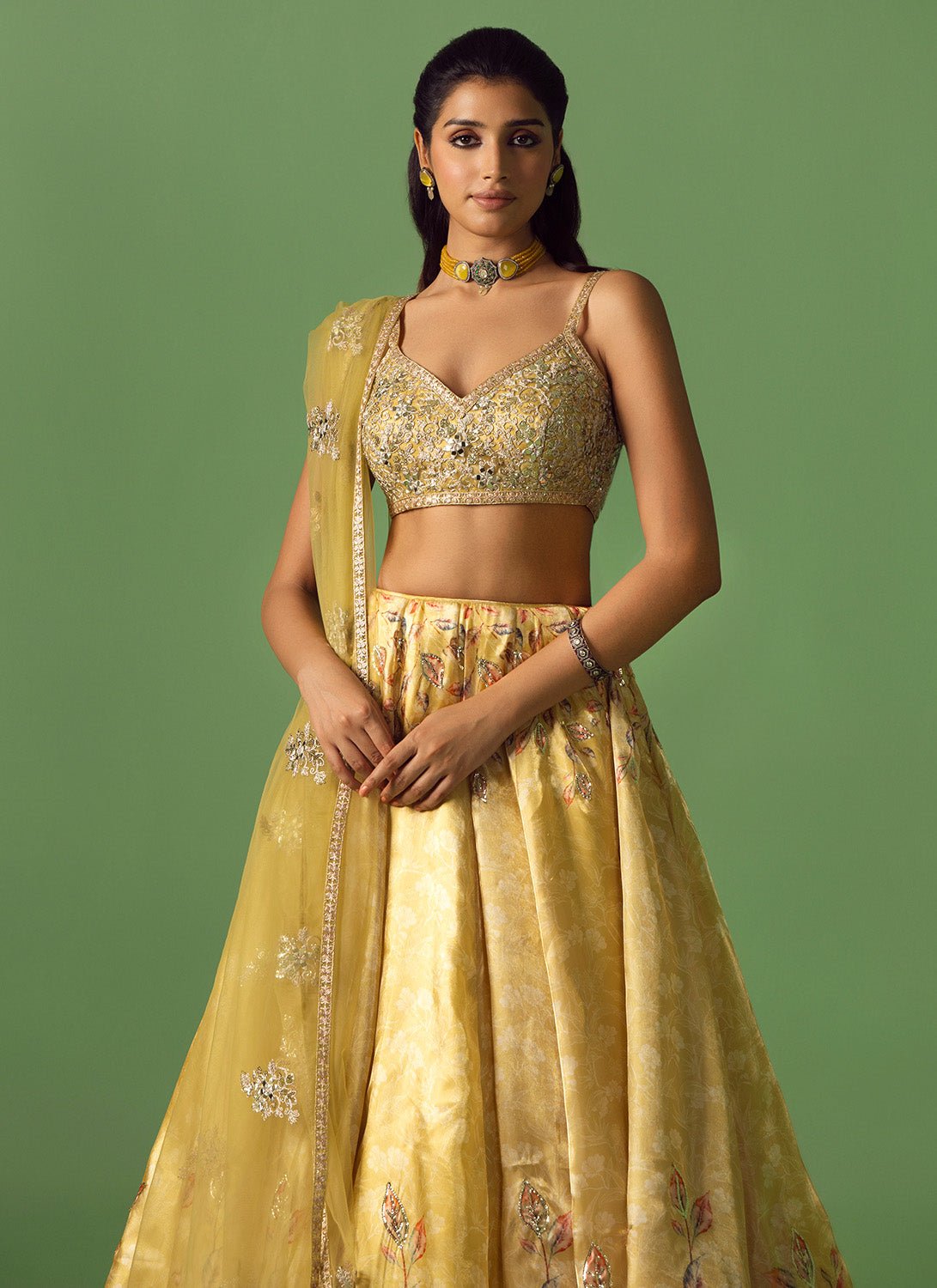 Soft Yellow Floral Printed Organza Lehenga - Lashkaraa
