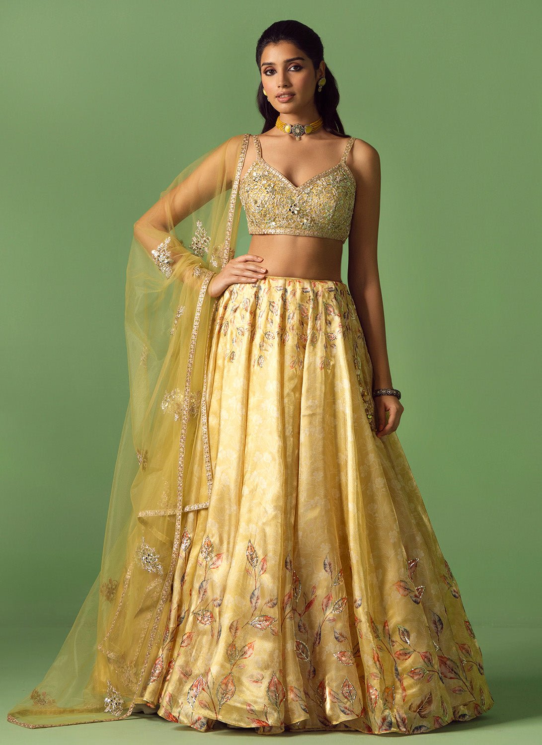 Soft Yellow Floral Printed Organza Lehenga - Lashkaraa
