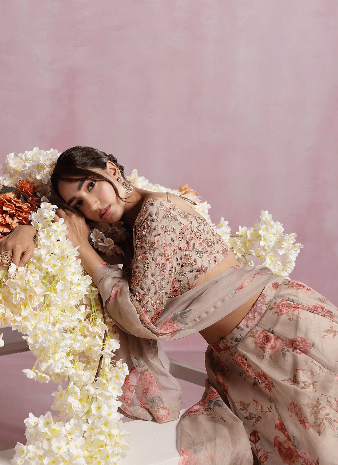 Taupe Floral Printed Organza Lehenga - Lashkaraa