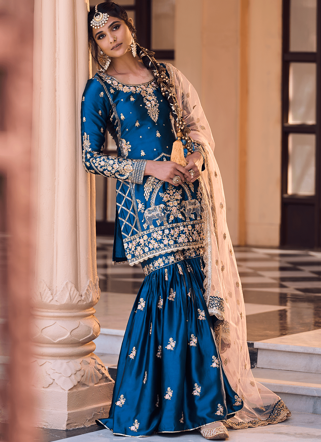Teal and Peach Embroidered Gharara Suit - Lashkaraa
