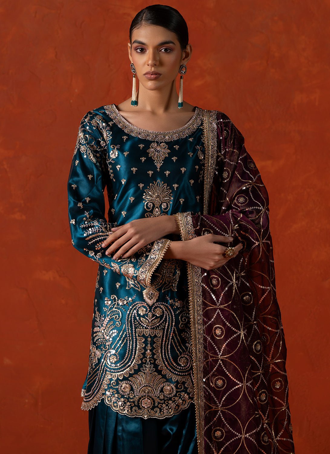 Teal Blue and Wine Embroidered Punjabi Suit - Lashkaraa