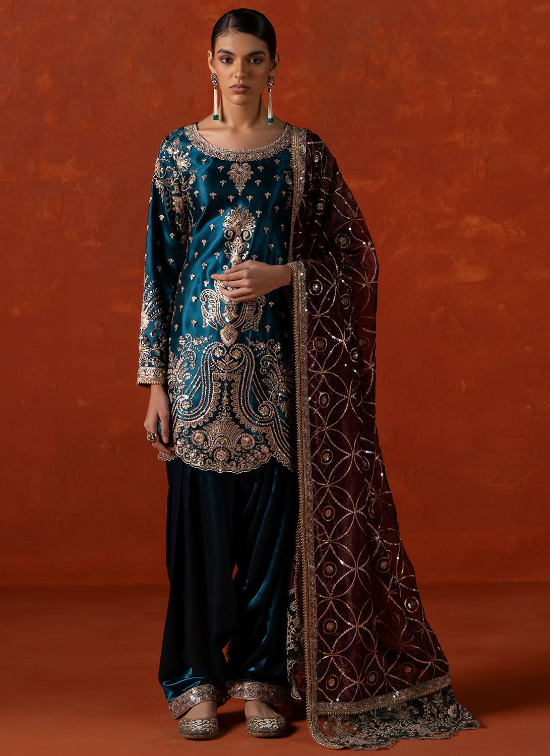 Teal Blue and Wine Embroidered Punjabi Suit - Lashkaraa