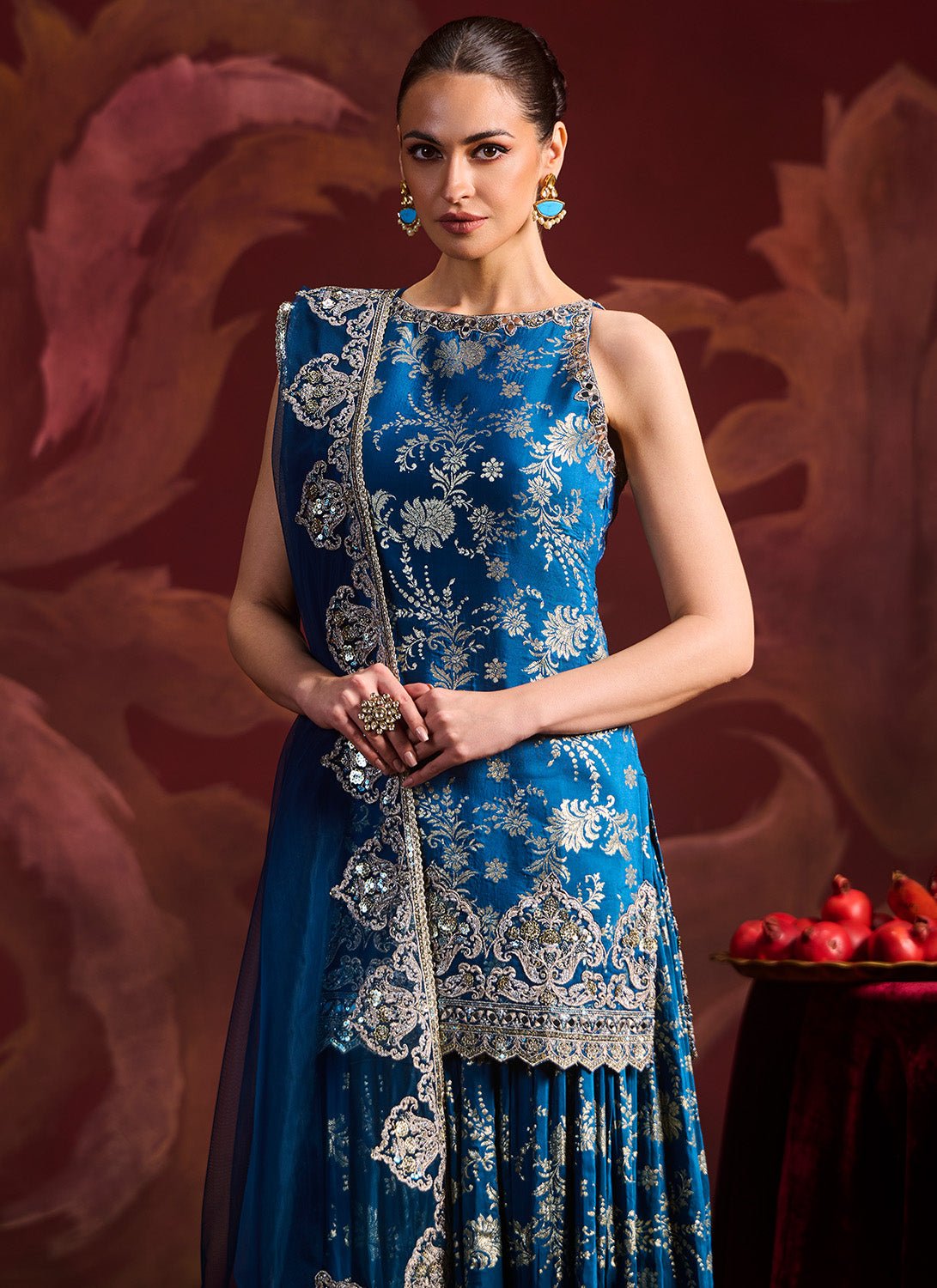 Teal Blue Embroidered Brocade Sharara Custom Teal Blue Embroidered Brocade Sharara Custom