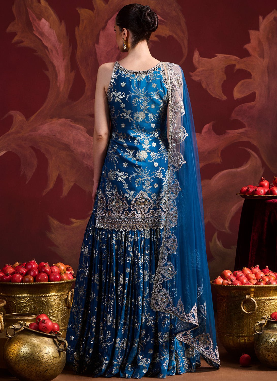 Teal Blue Embroidered Brocade Sharara Teal Blue Embroidered Brocade Sharara