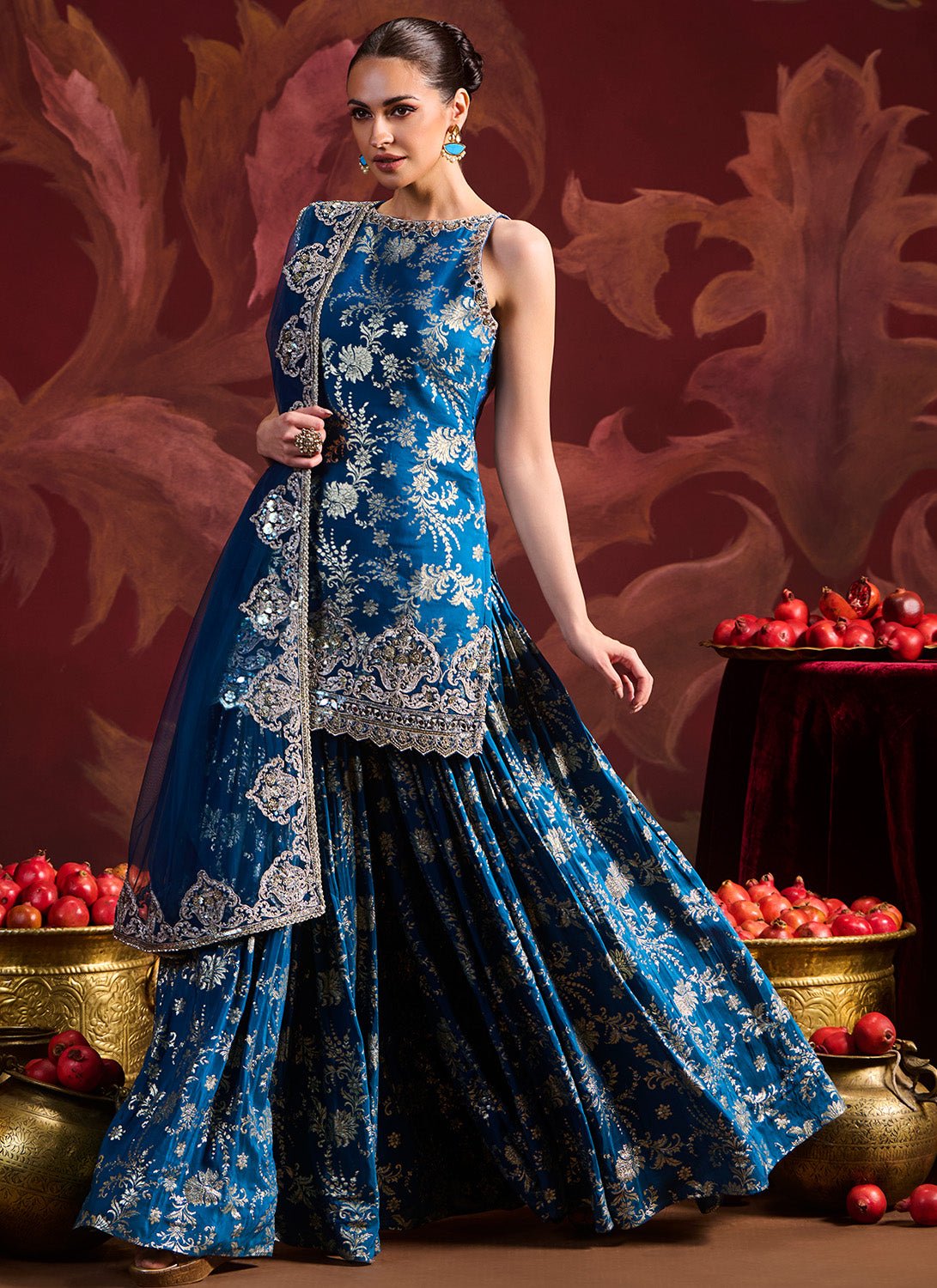 Teal Blue Embroidered Brocade Sharara - Lashkaraa