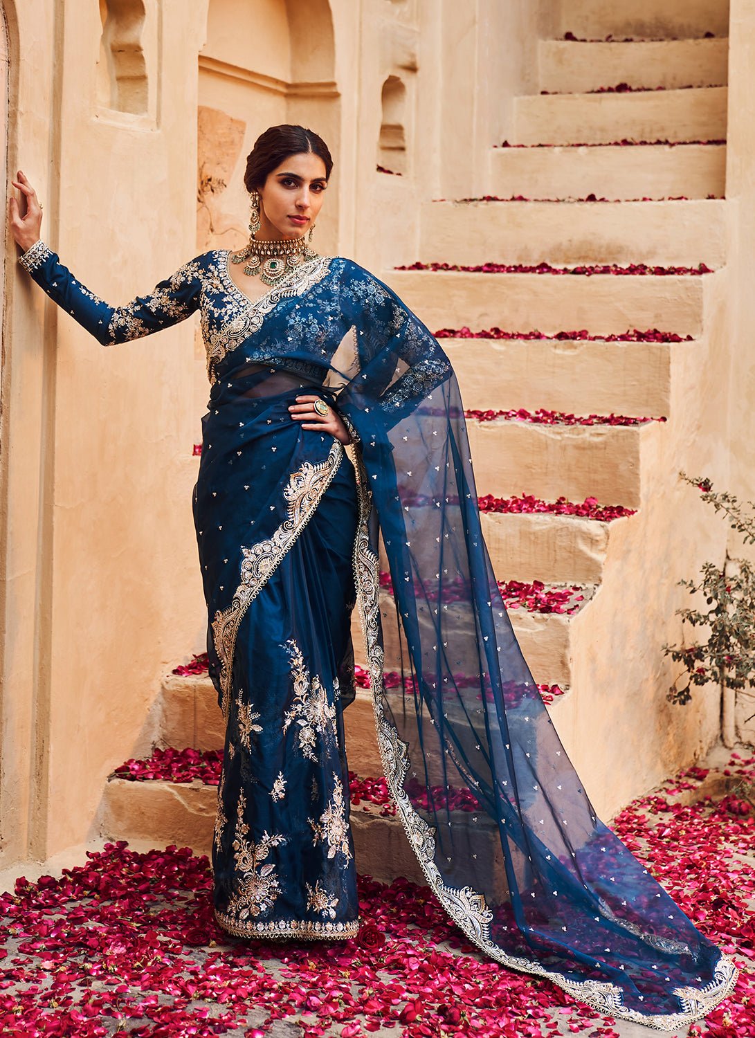 Teal Blue Embroidered Saree - Lashkaraa