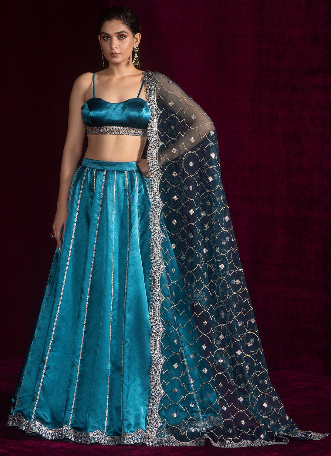 Teal Blue Embroidered Satin Lehenga - Lashkaraa