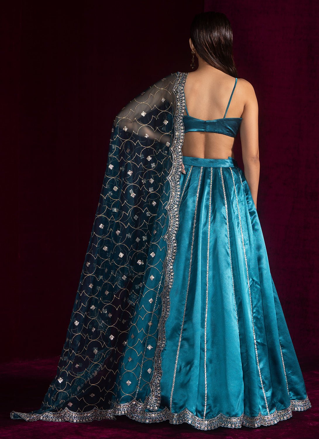 Teal Blue Embroidered Satin Lehenga - Lashkaraa