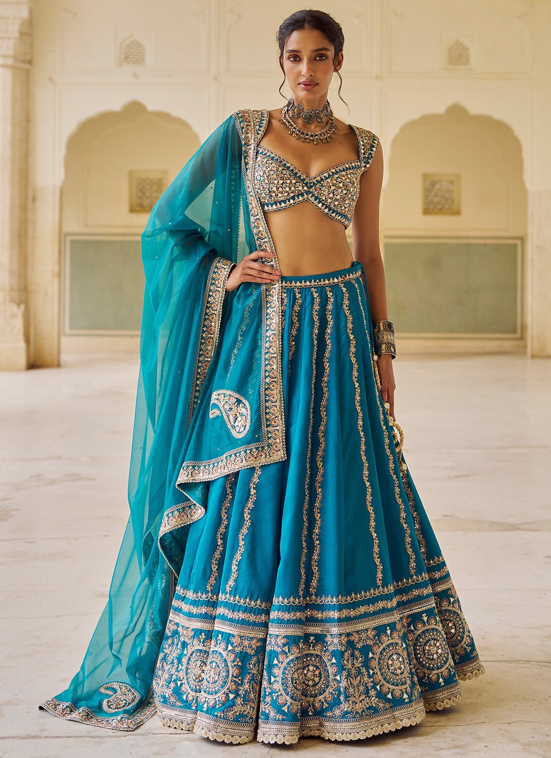 Teal Blue Embroidered Silk Lehenga - Lashkaraa