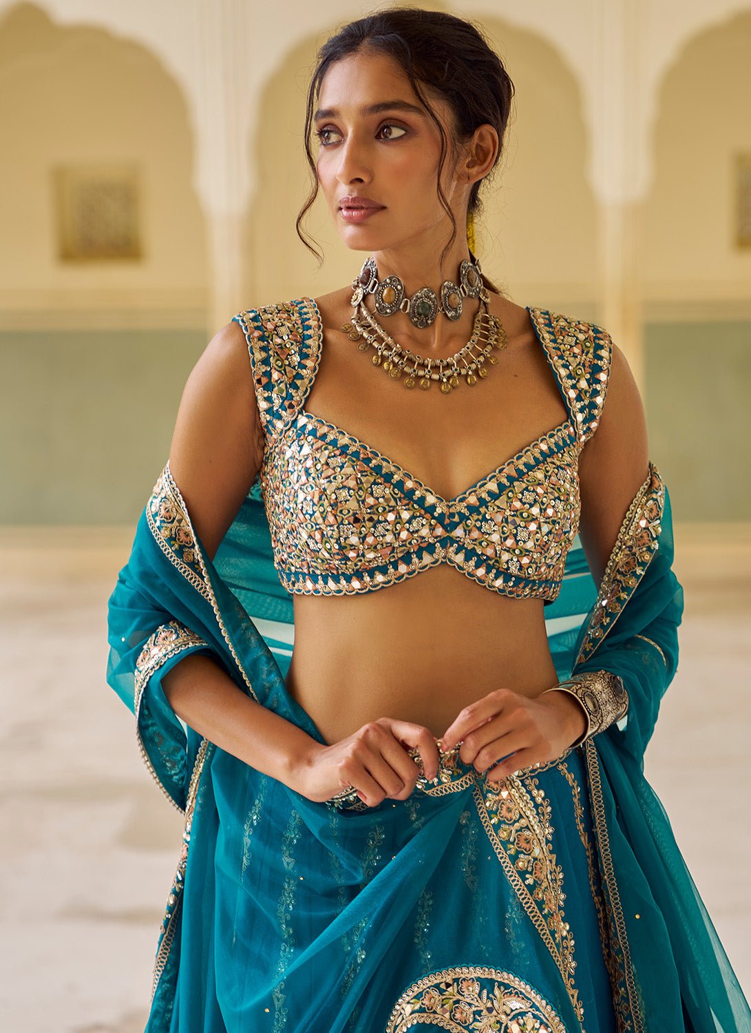 Teal Blue Embroidered Silk Lehenga - Lashkaraa