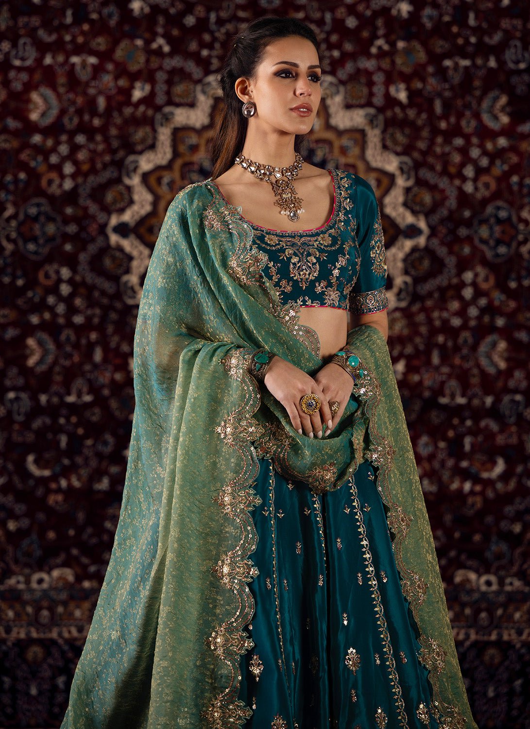 Teal Blue Embroidered Viscose Crepe Lehenga - Lashkaraa