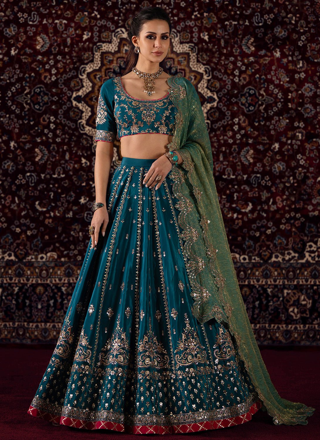 Teal Blue Embroidered Viscose Crepe Lehenga - Lashkaraa