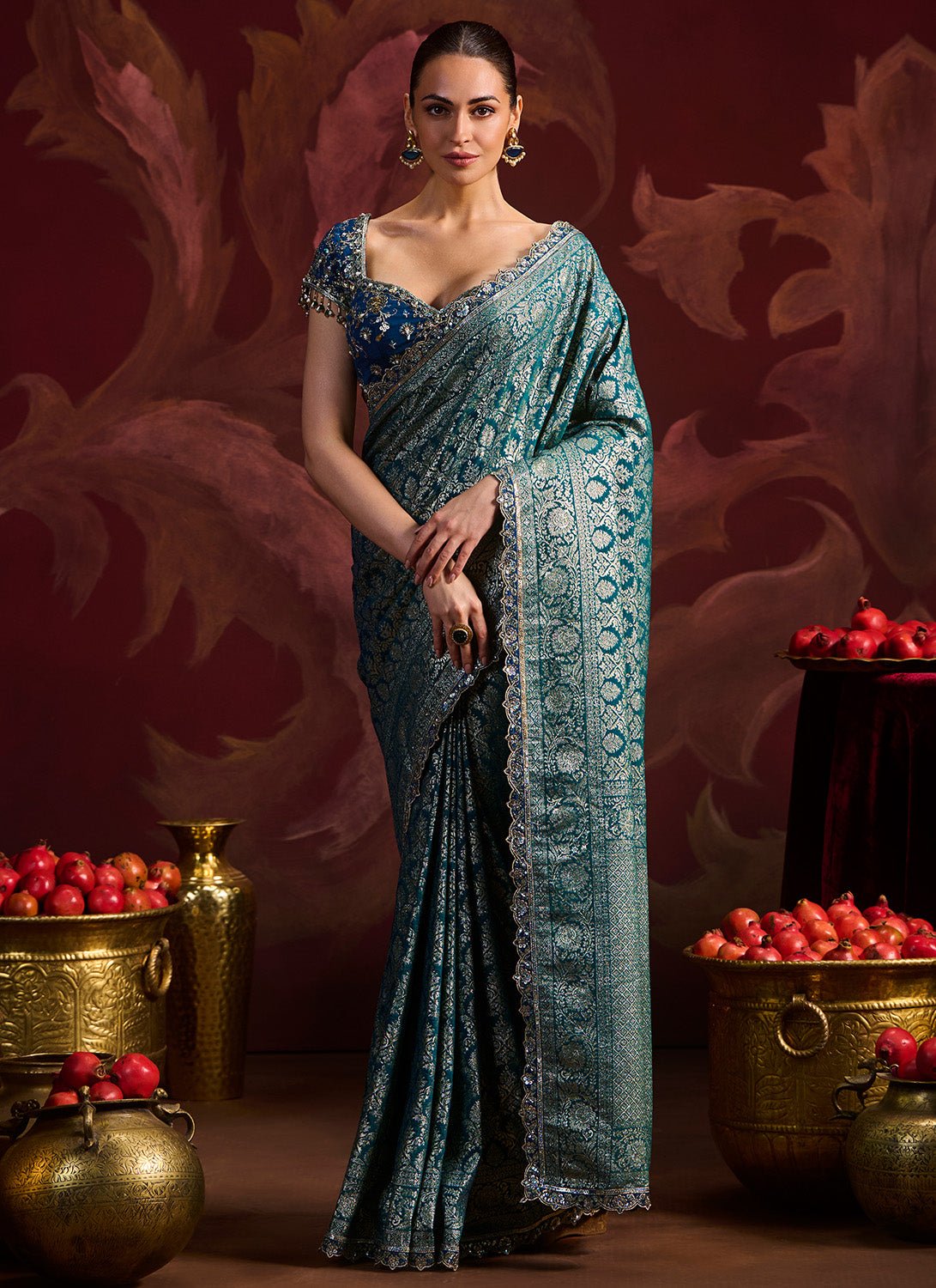 Teal Embroidered Brocade Saree - Lashkaraa
