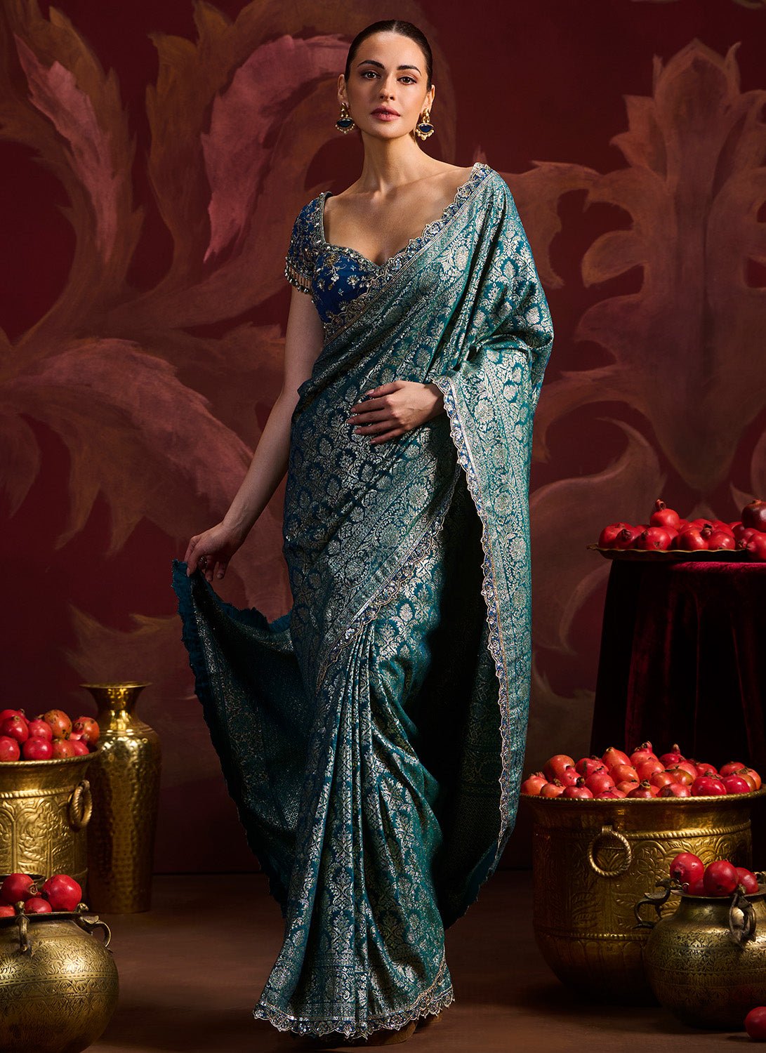 Teal Embroidered Brocade Saree - Lashkaraa