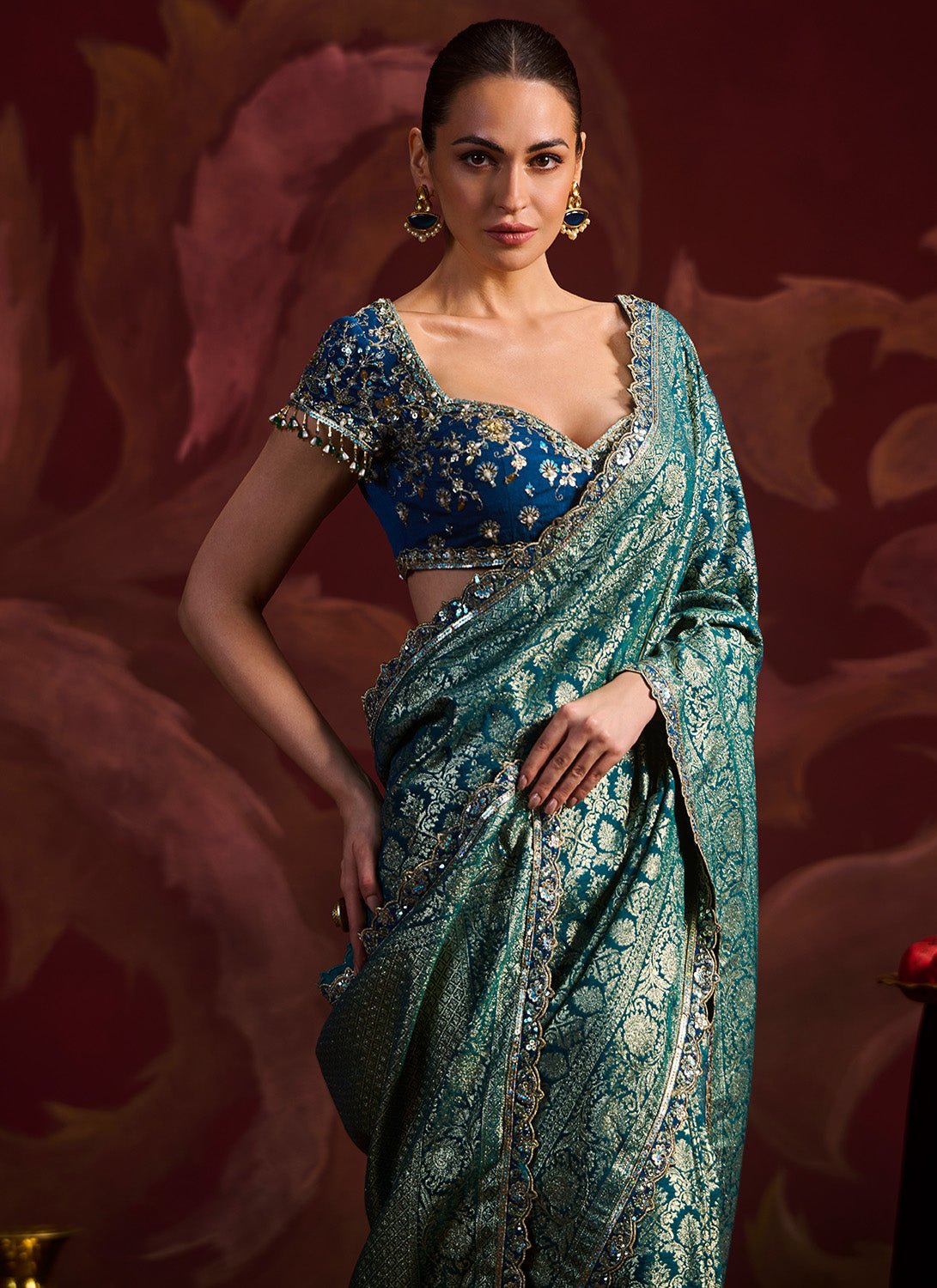 Teal Embroidered Brocade Saree - Lashkaraa