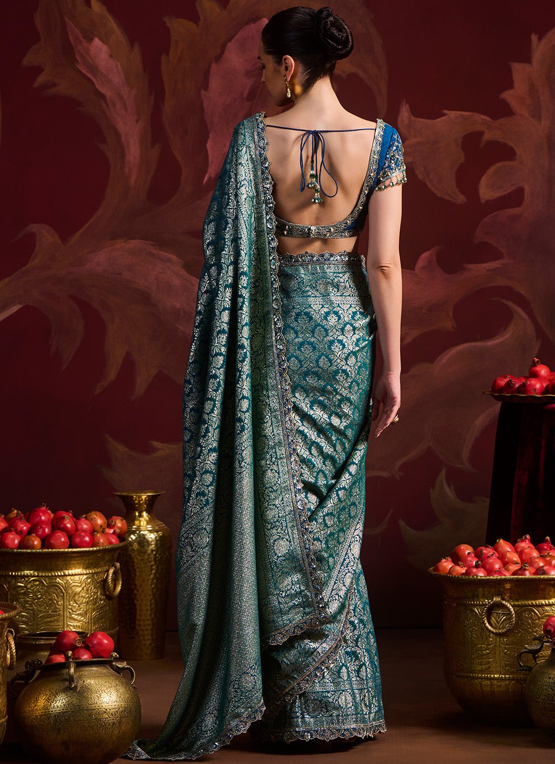 Teal Embroidered Brocade Saree - Lashkaraa