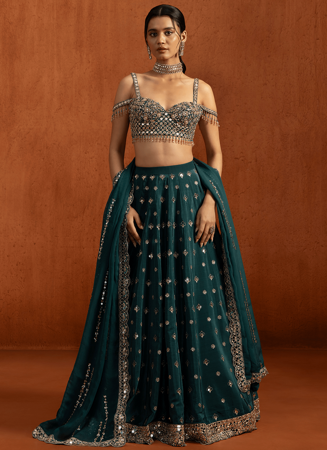 Teal Embroidered Crepe Lehenga - Lashkaraa
