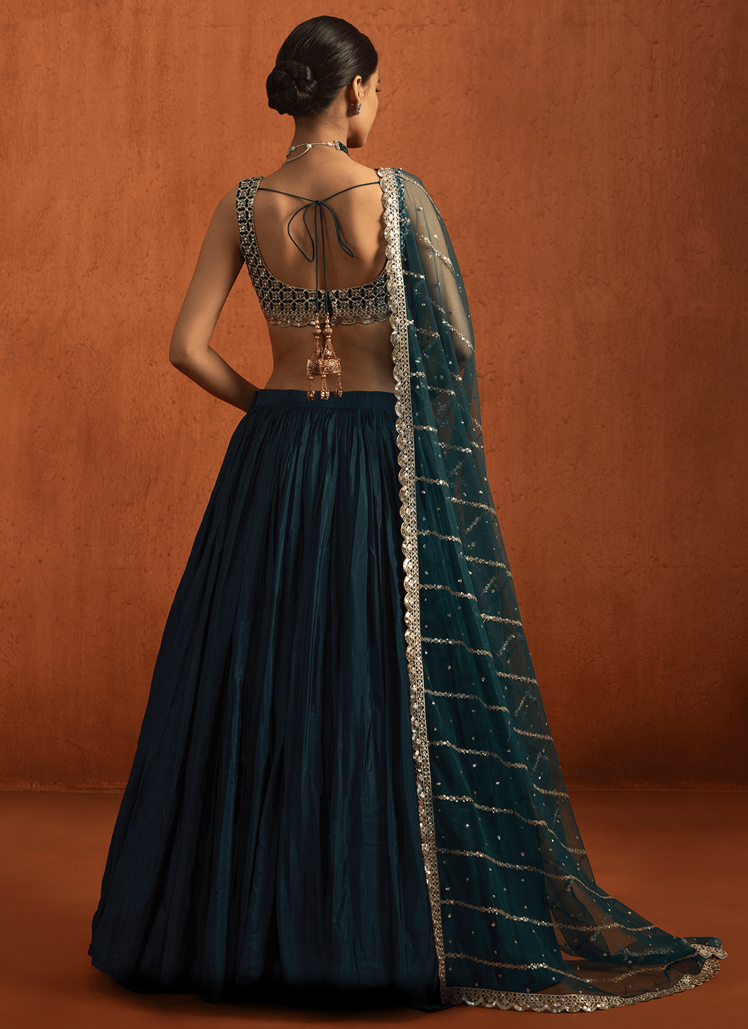 Teal Embroidered Crepe Silk Lehenga - Lashkaraa