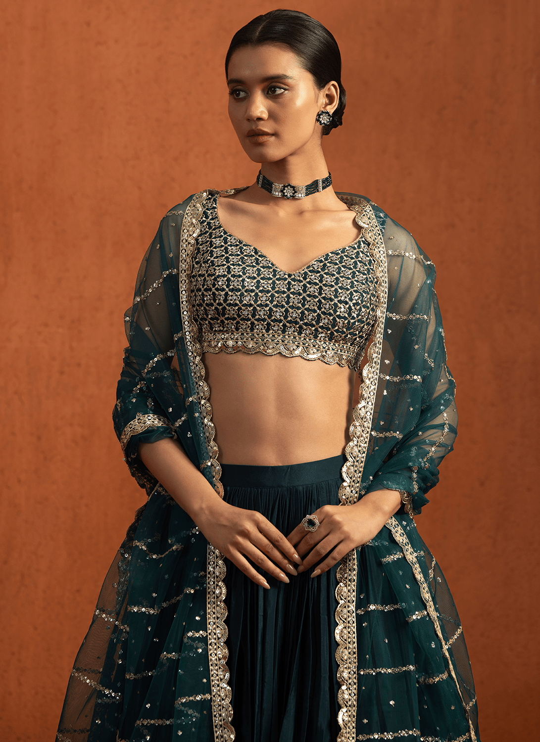 Teal Embroidered Crepe Silk Lehenga - Lashkaraa
