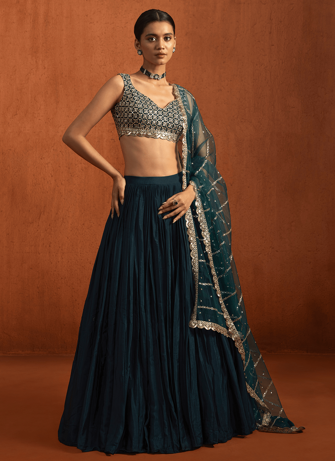 Teal Embroidered Crepe Silk Lehenga - Lashkaraa