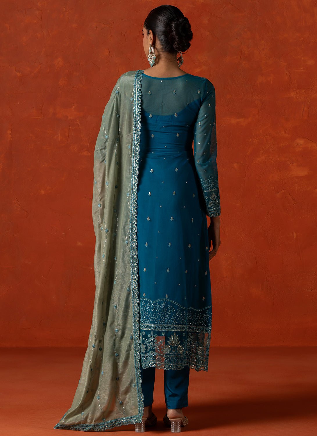 Teal Embroidered Crepe Silk Straight Suit - Lashkaraa
