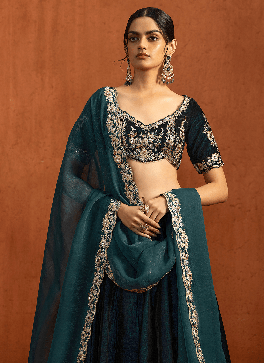 Teal Embroidered Velvet Lehenga - Lashkaraa