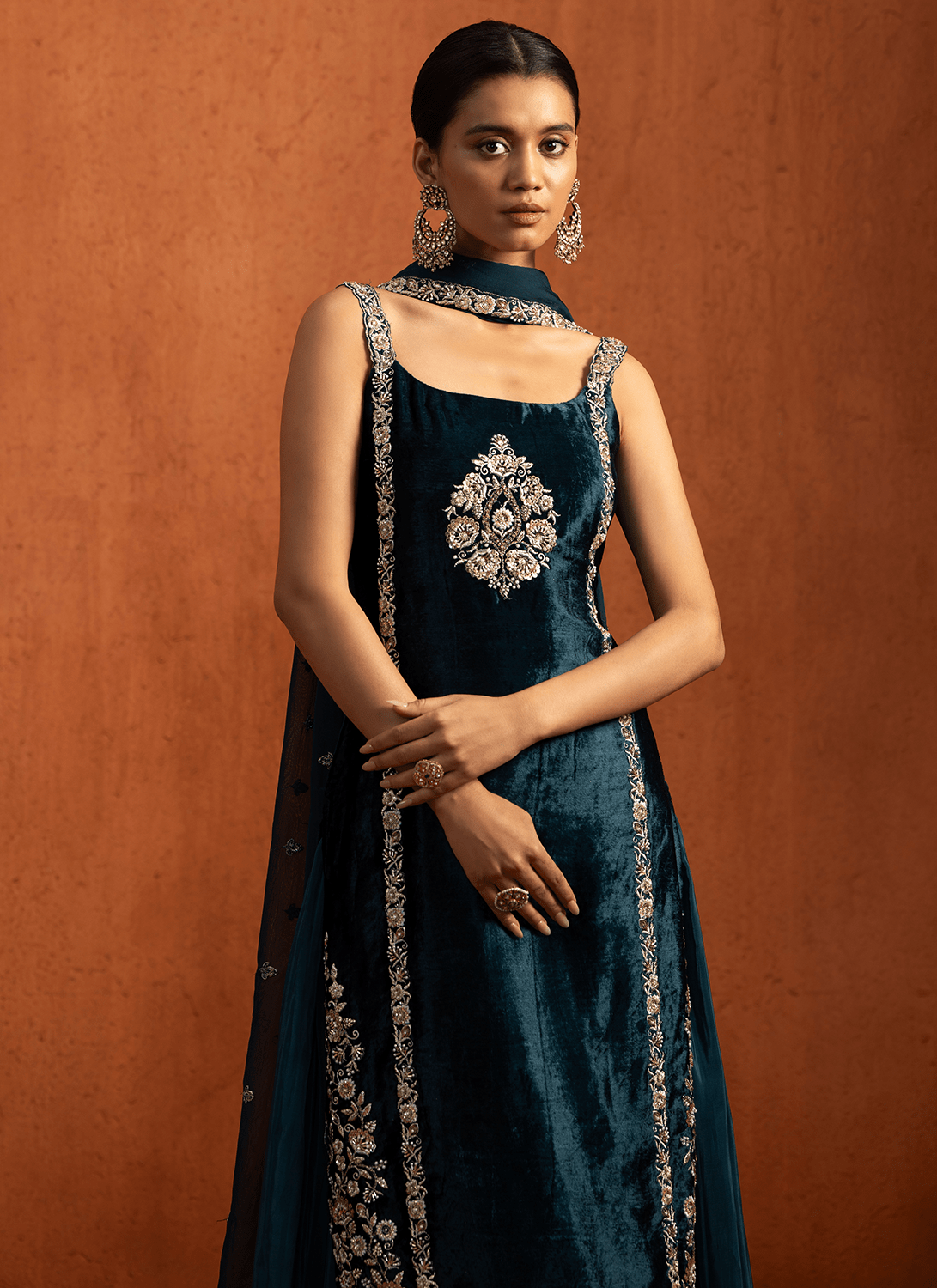 Teal Embroidered Viscose Velvet Sharara Suit - Lashkaraa