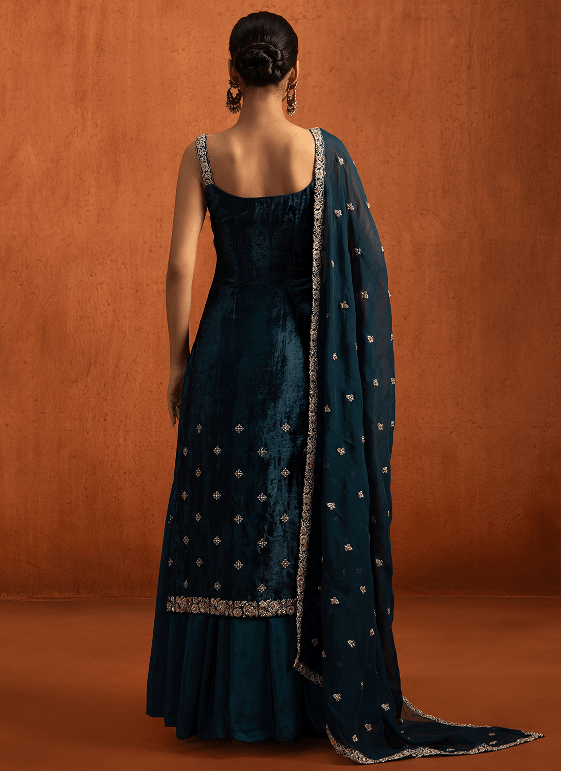 Teal Embroidered Viscose Velvet Sharara Suit - Lashkaraa