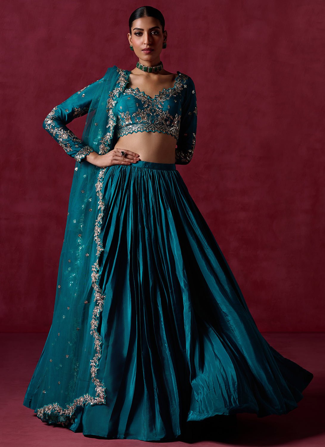 Teal Green Embroidered Crepe Silk Lehenga - Lashkaraa