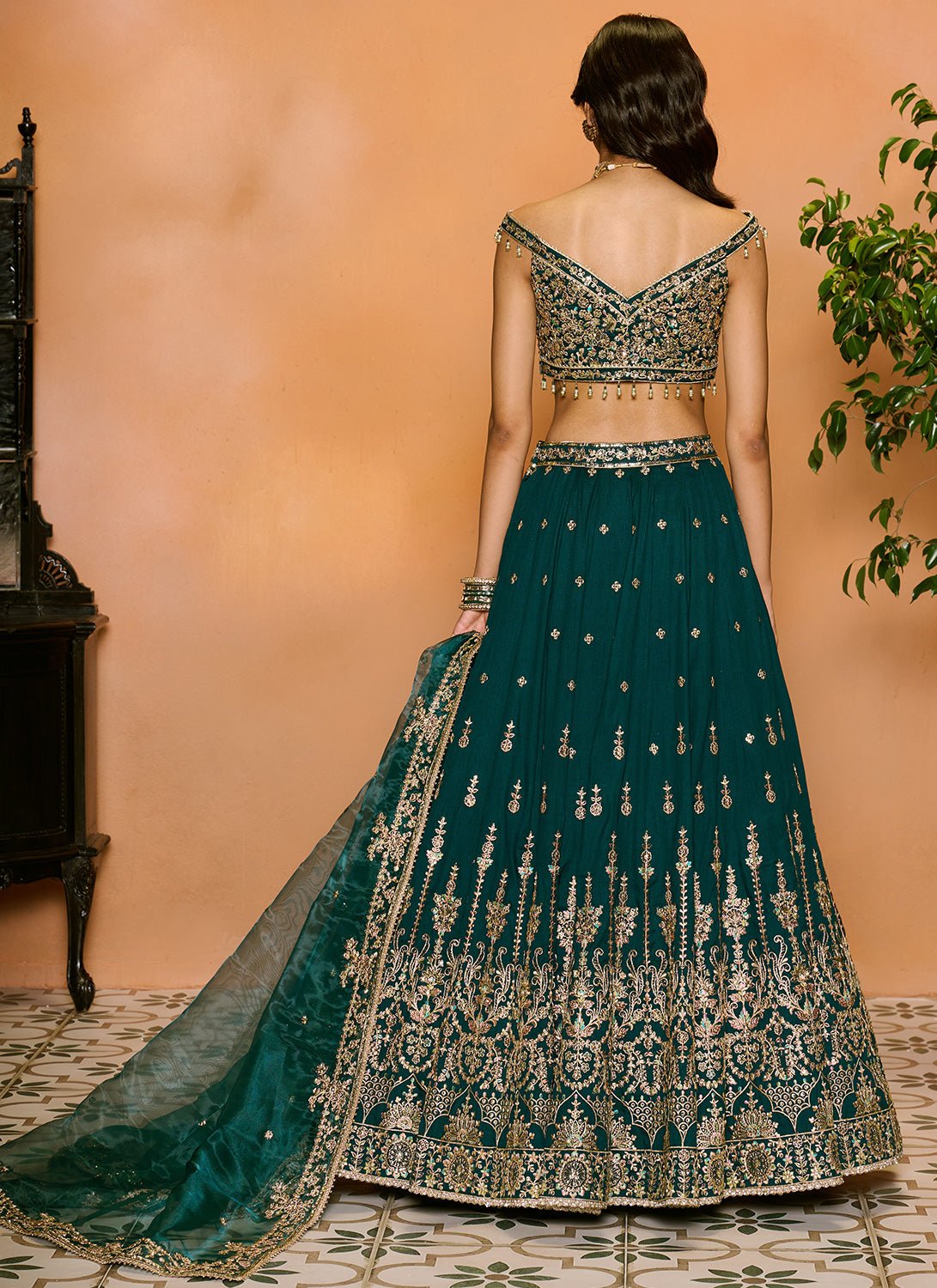 Teal Green Embroidered Lehenga - Lashkaraa