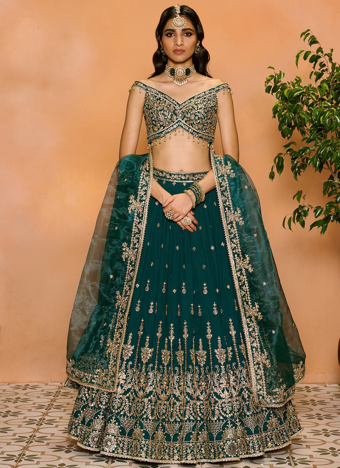 Teal Green Embroidered Lehenga - Lashkaraa