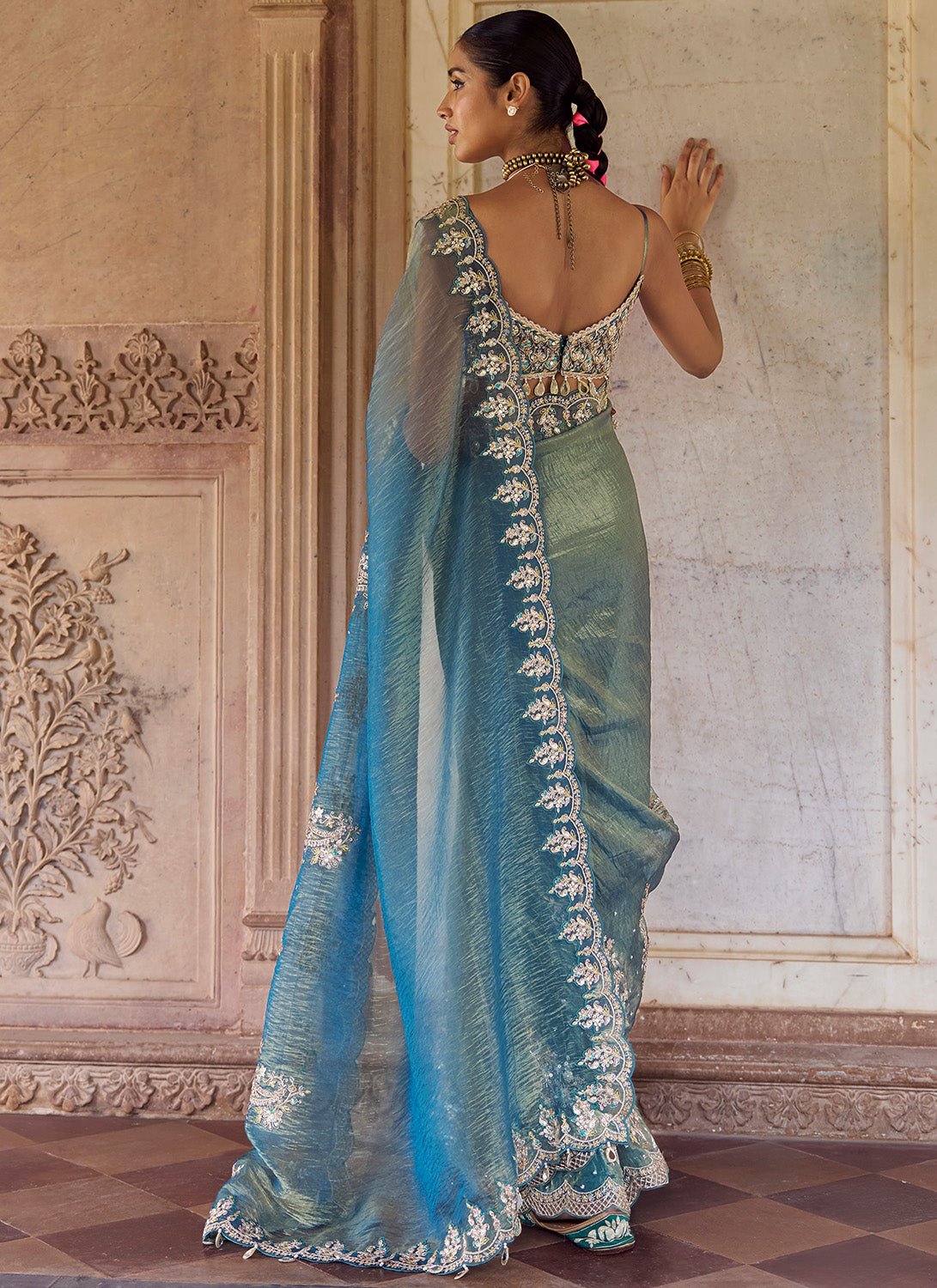 Teal Green Embroidered Saree - Lashkaraa