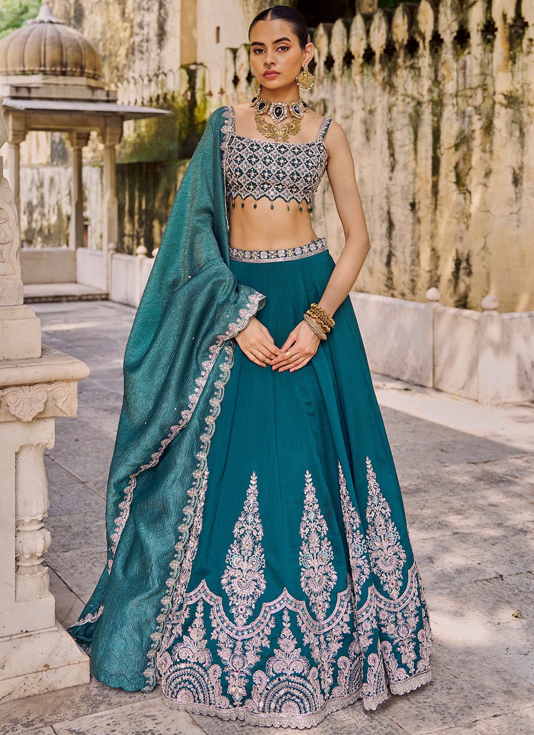 Teal Green Embroidered Silk Lehenga - Lashkaraa