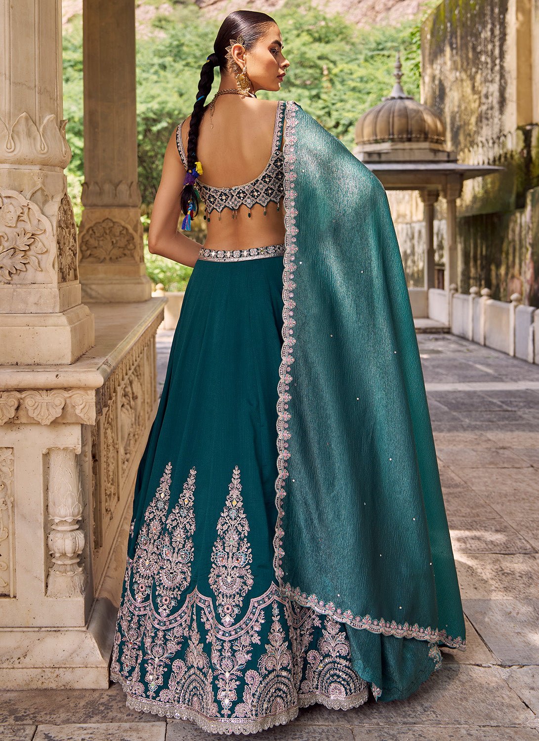 Teal Green Embroidered Silk Lehenga - Lashkaraa