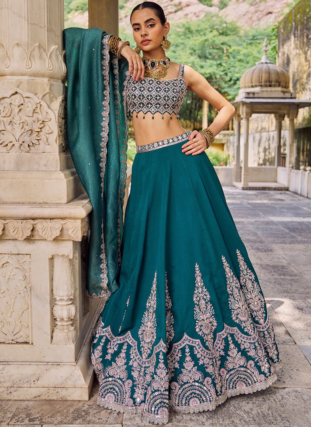 Teal Green Embroidered Silk Lehenga - Lashkaraa