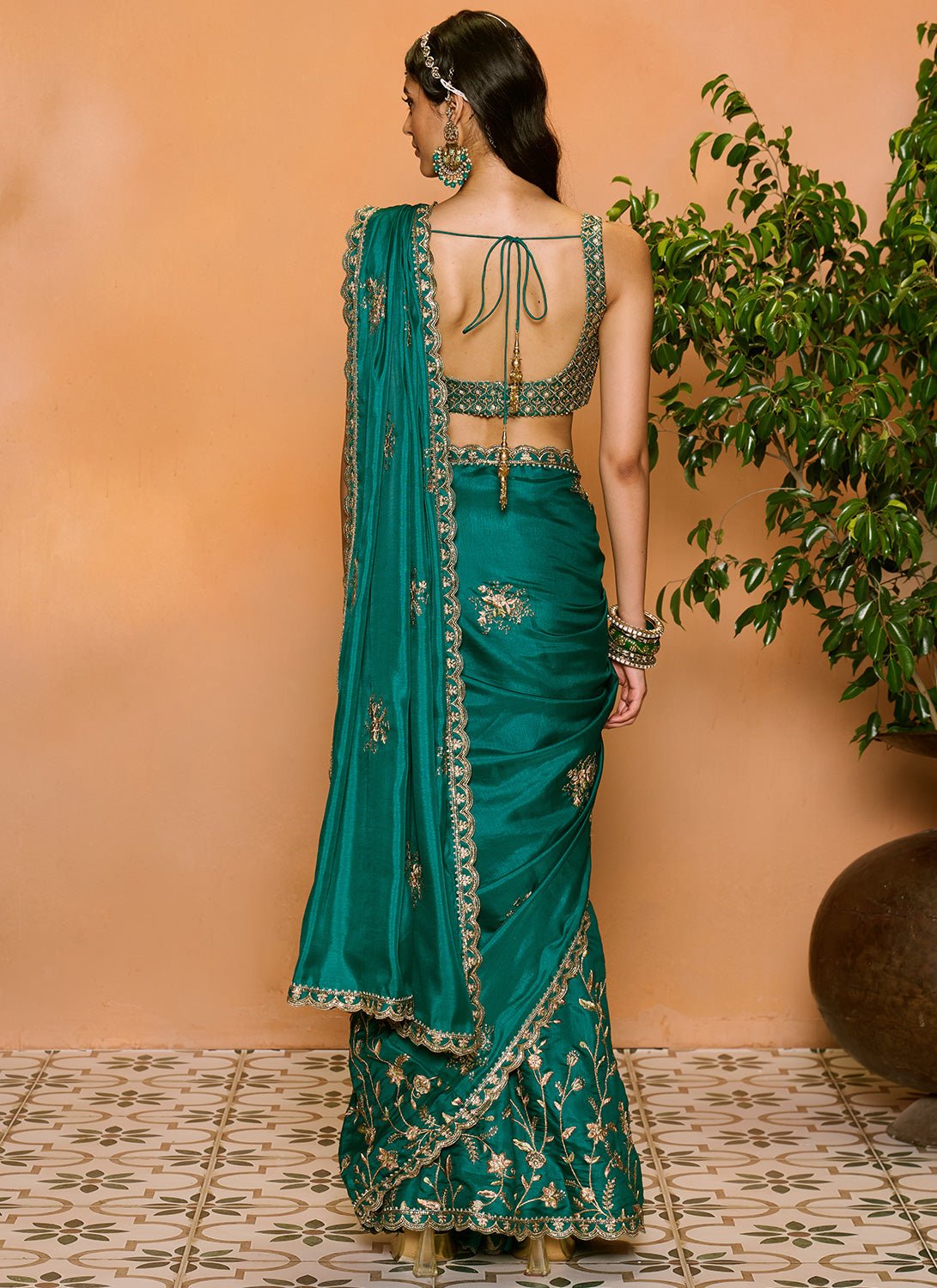 Teal Green Embroidered Silk Saree - Lashkaraa