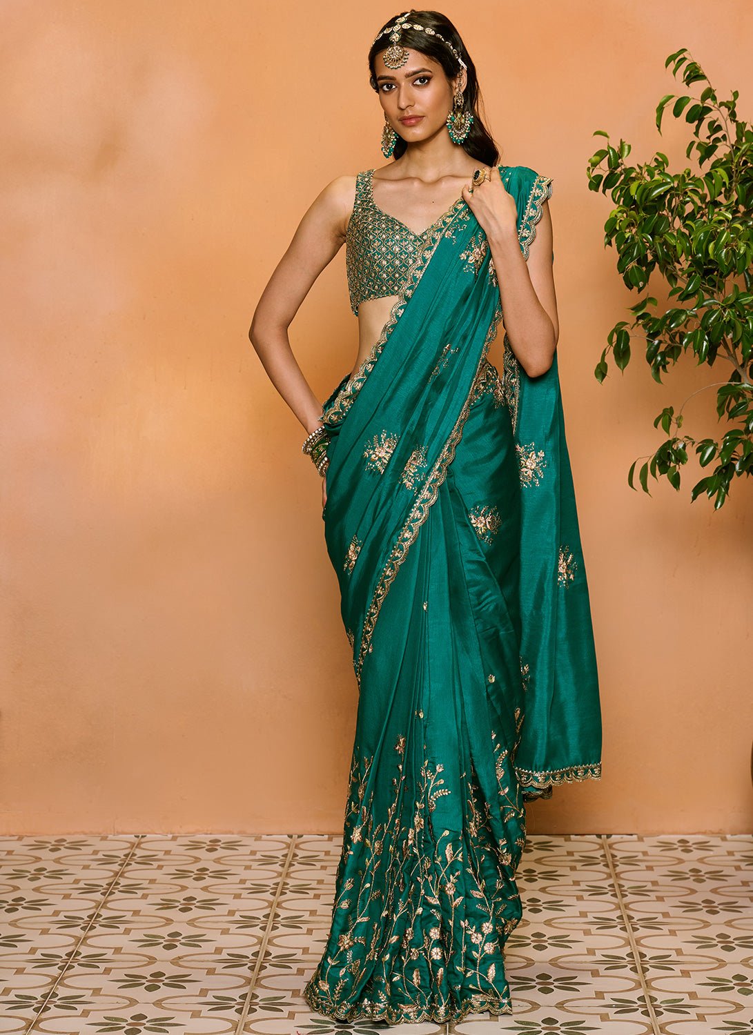Teal Green Embroidered Silk Saree - Lashkaraa