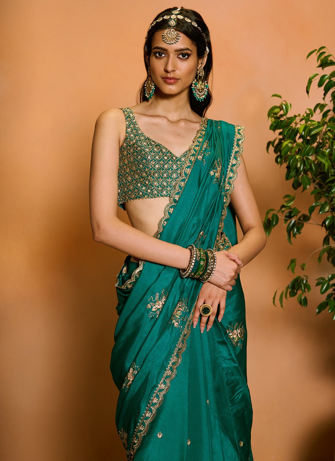 Teal Green Embroidered Silk Saree - Lashkaraa