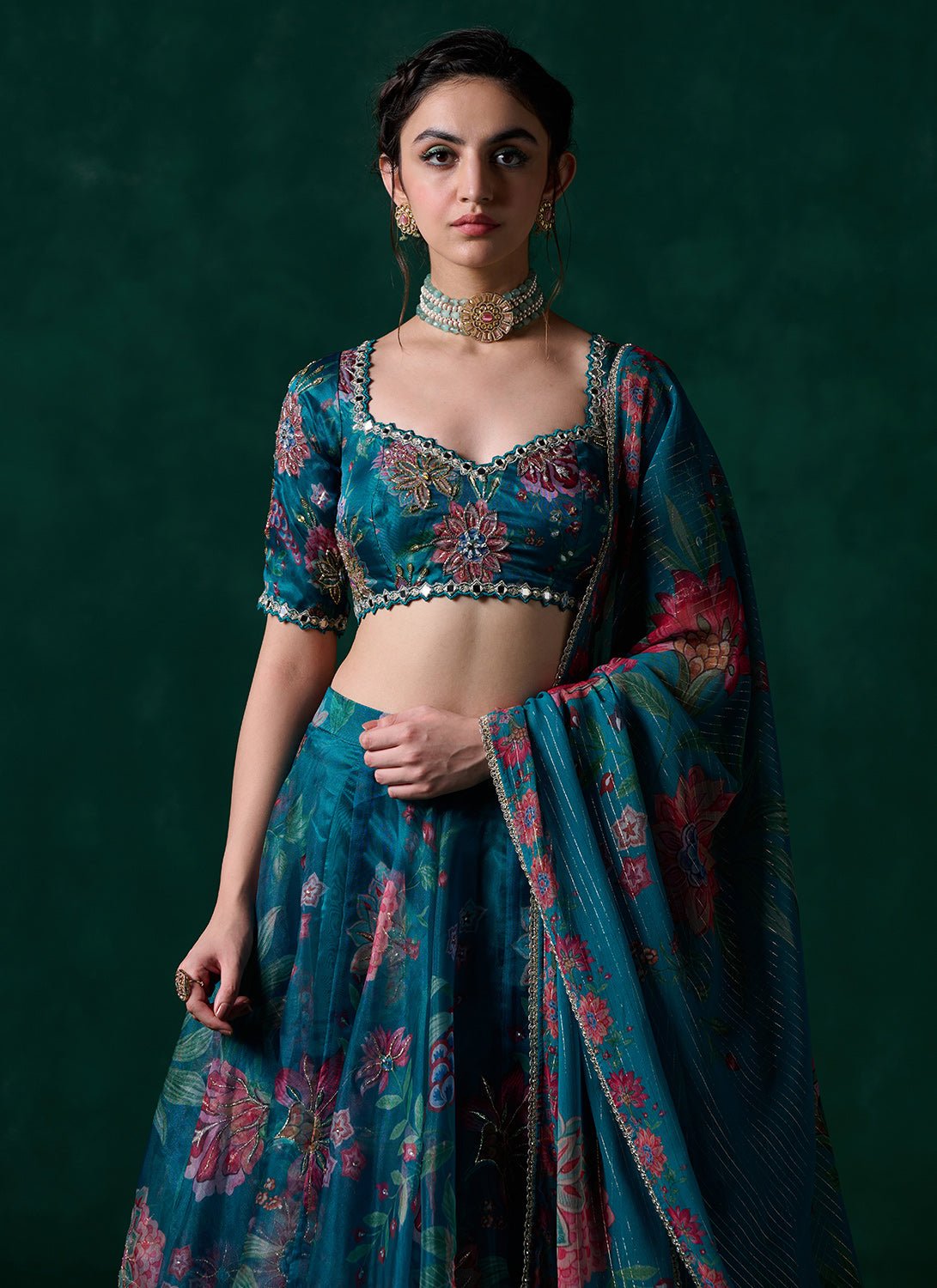 Teal Green Multicolor Floral Printed Lehenga - Lashkaraa