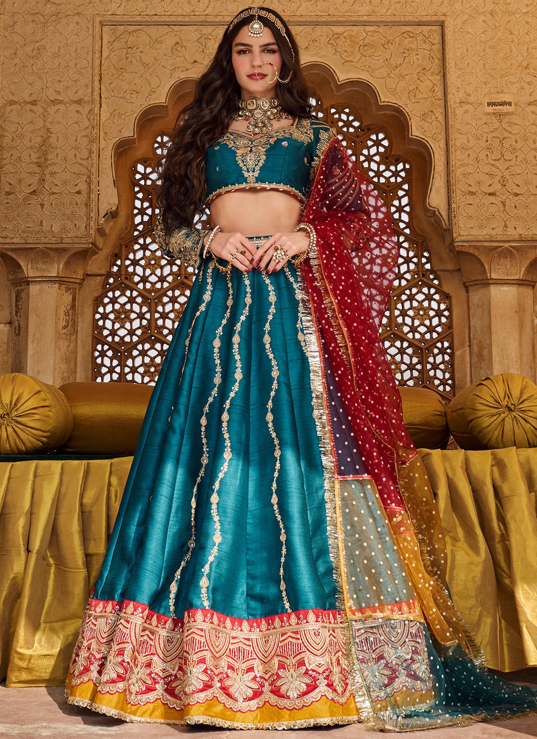 Teal Multicolor Embroidered Silk Lehenga - Lashkaraa