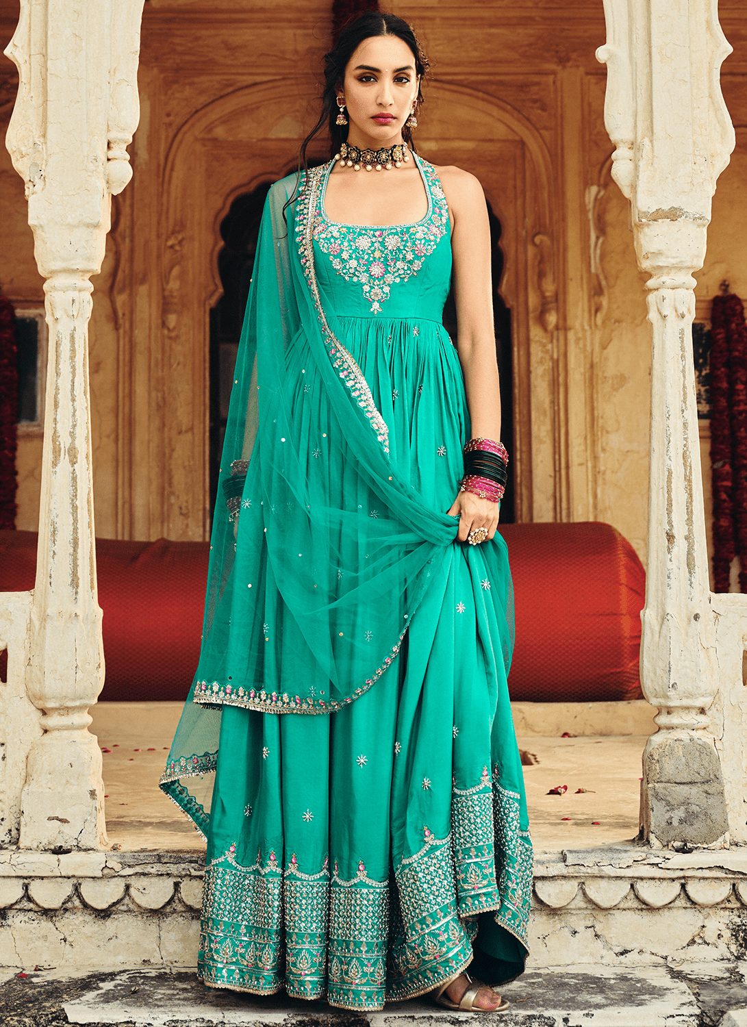 Turquoise Blue Embroidered Viscose Silk Anarkali - Lashkaraa