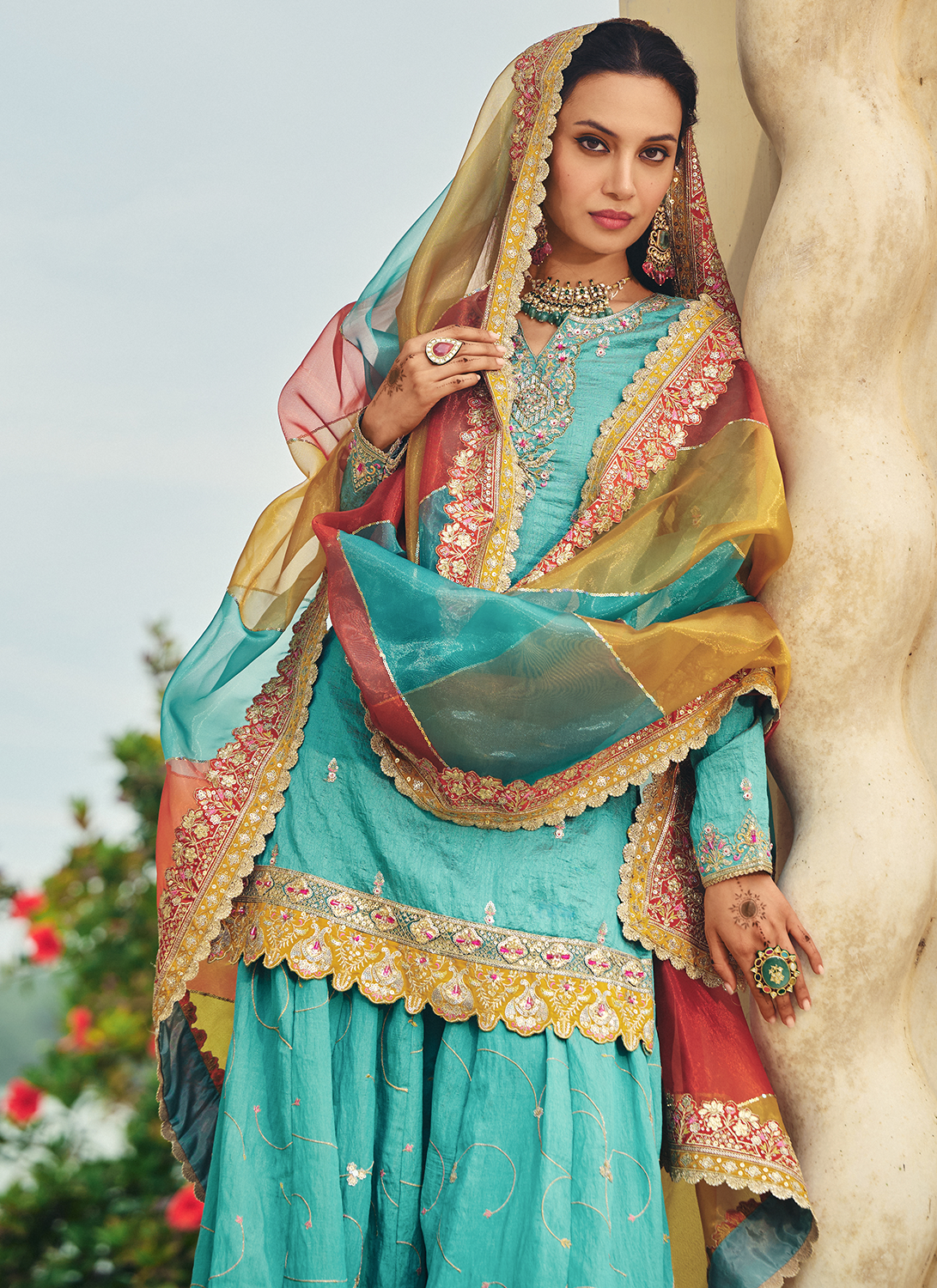 Turquoise Embroidered Silk Sharara - Lashkaraa