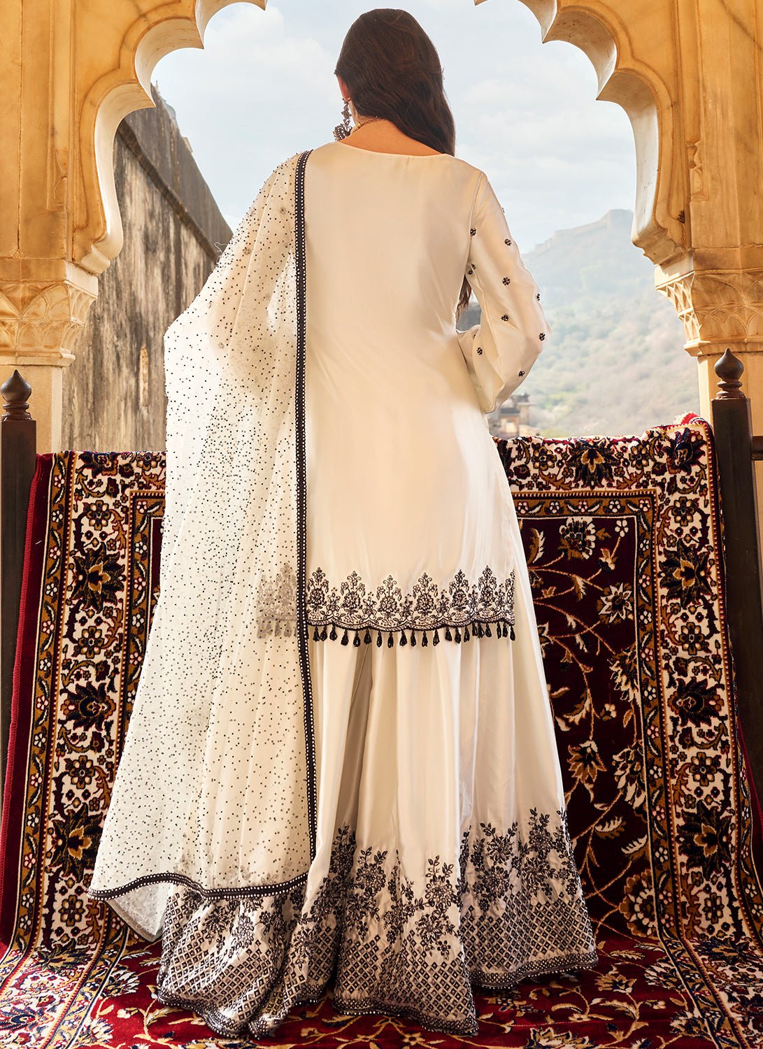 White and Black Embroidered Satin Sharara - Lashkaraa
