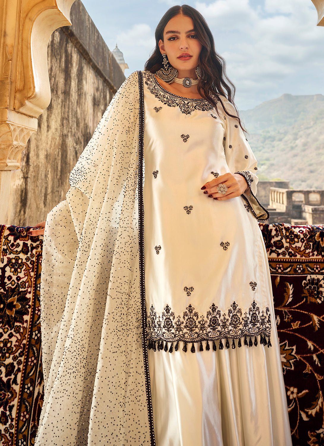 White and Black Embroidered Satin Sharara M White and Black Embroidered Satin Sharara M