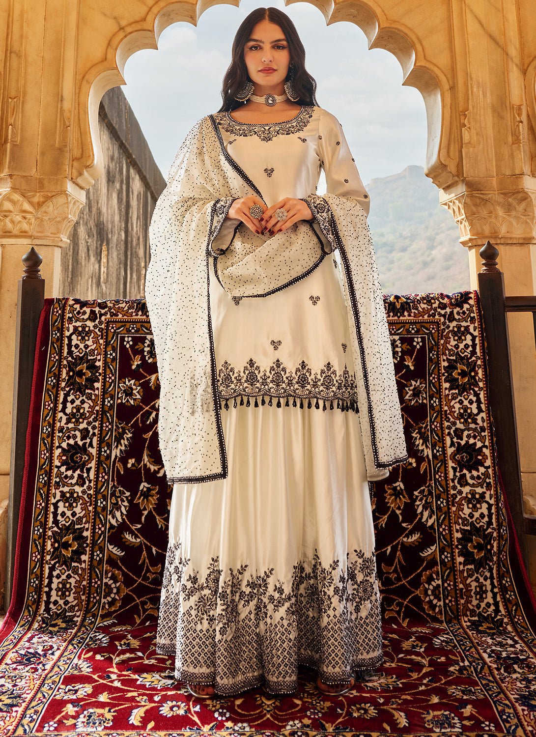White and Black Embroidered Satin Sharara - Lashkaraa