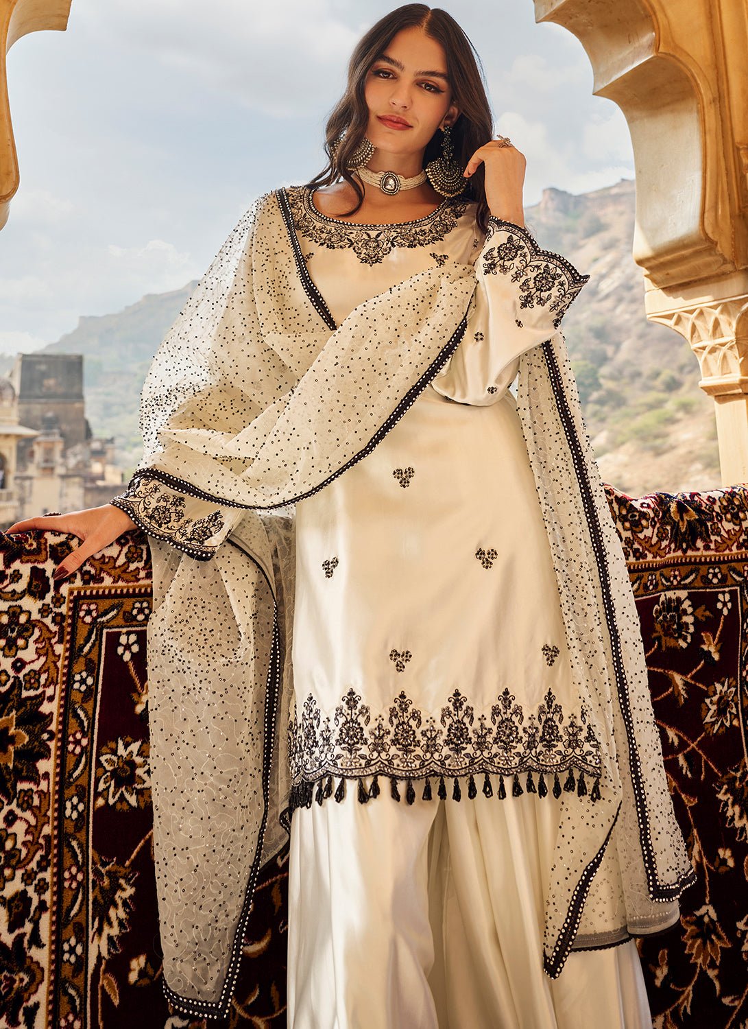 White and Black Embroidered Satin Sharara - Lashkaraa