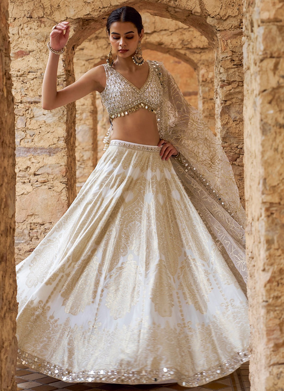 White and Gold Embroidered Viscose Brocade Lehenga - Lashkaraa